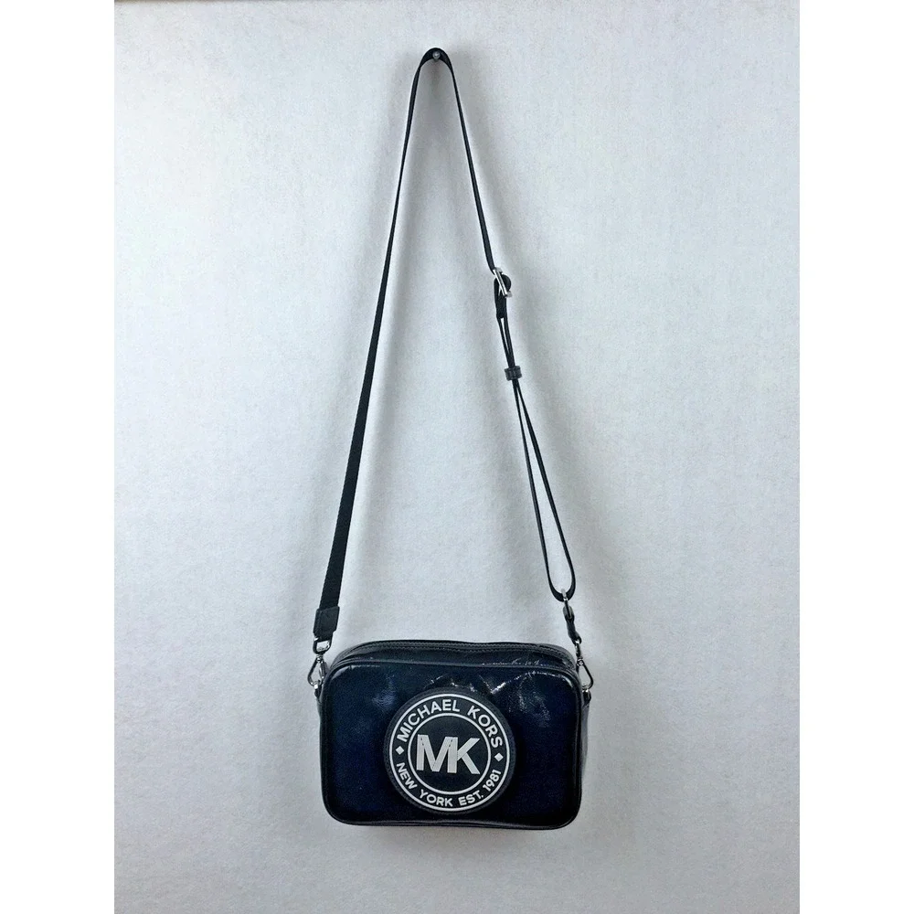 Michael Kors MK Black/White Patent Leather Fulton Crossbody Bag